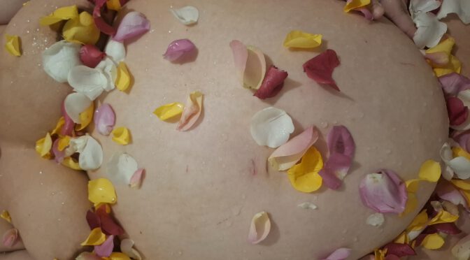 Der große Bauch einer Schwangeren deren Baby still geboren wird, bedeckt mit rosa, gelben und weißen Blütenblättern in einer Badewanne liegend.